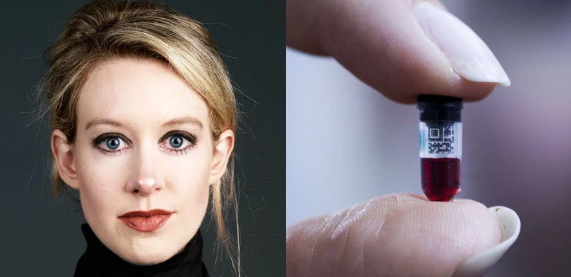 Image of Elizabeth Holmes and her blood testing device 